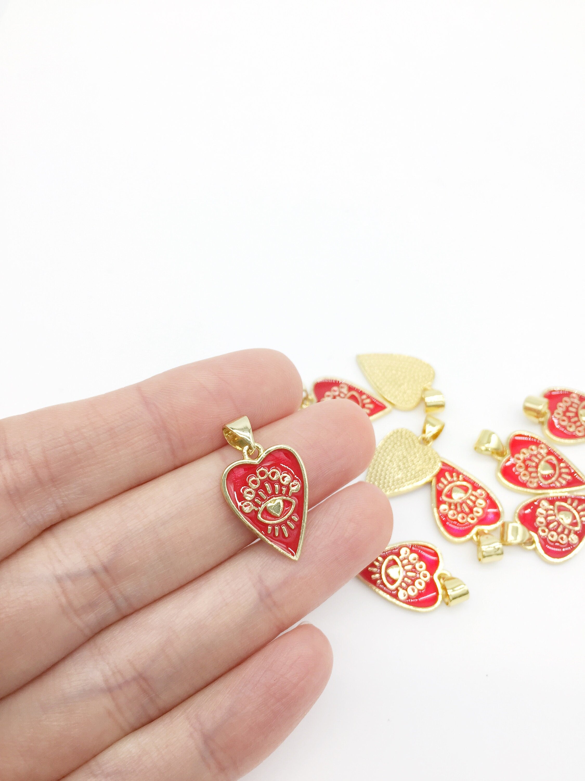 1 x 18K Gold Plated Red Enamel Heart Pendant with Evil Eye, 19x13mm (2559R)