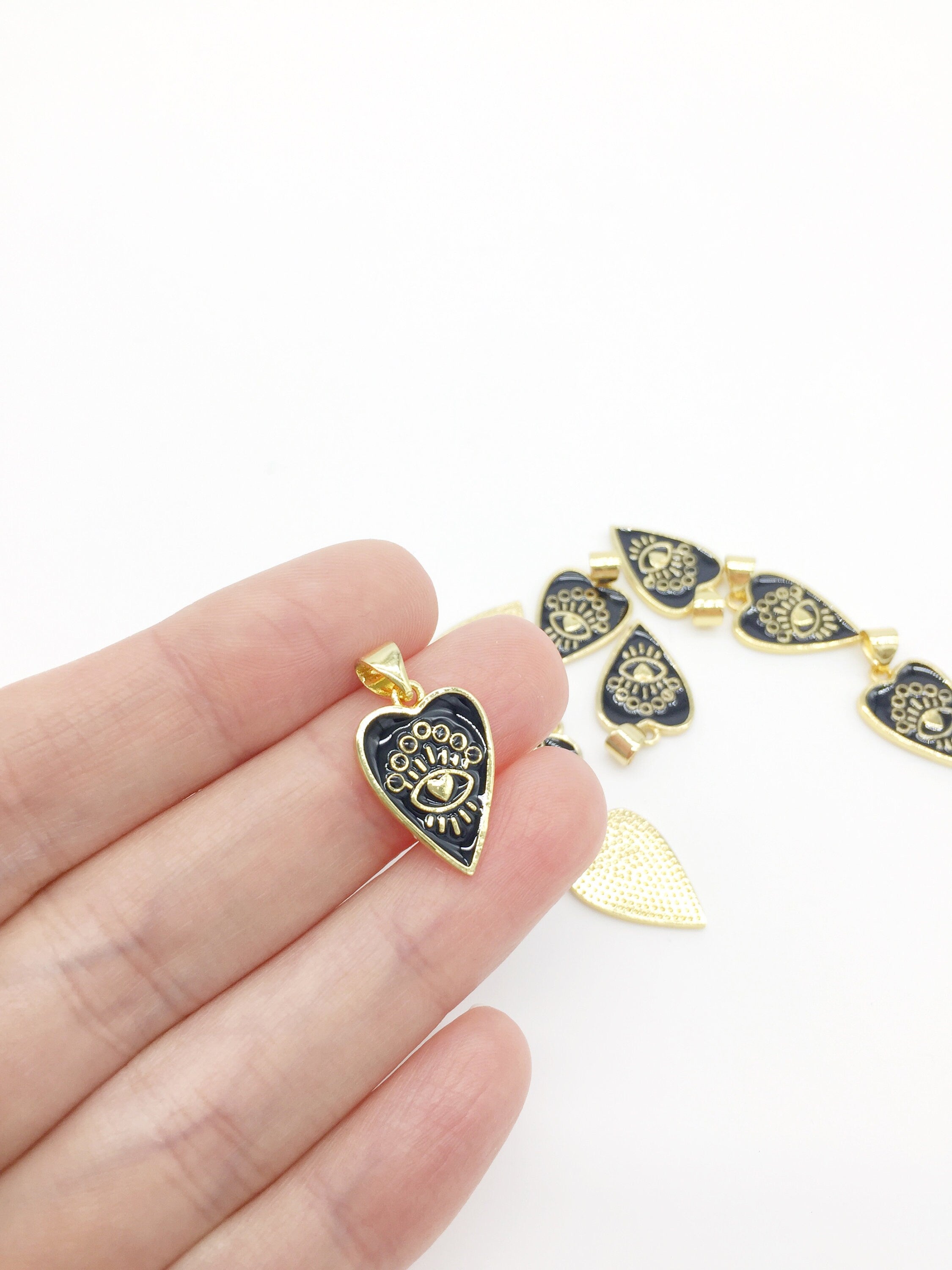 1 x 18K Gold Plated Black Enamel Heart Pendant with Evil Eye, 19x13mm (2559B)