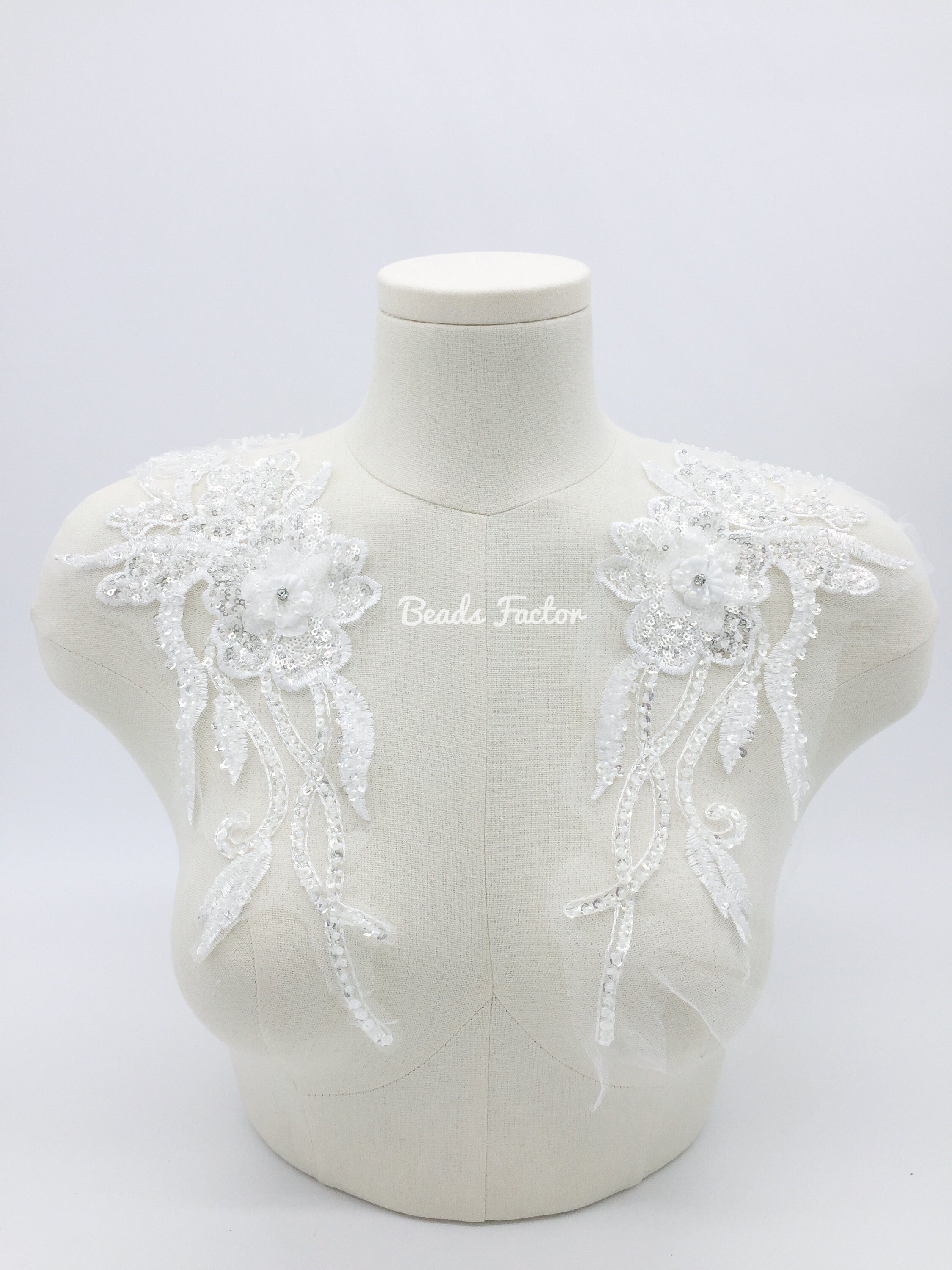 1 pair x White Beaded Lace Applique, 32x12mm 3D Flower Lace Patch