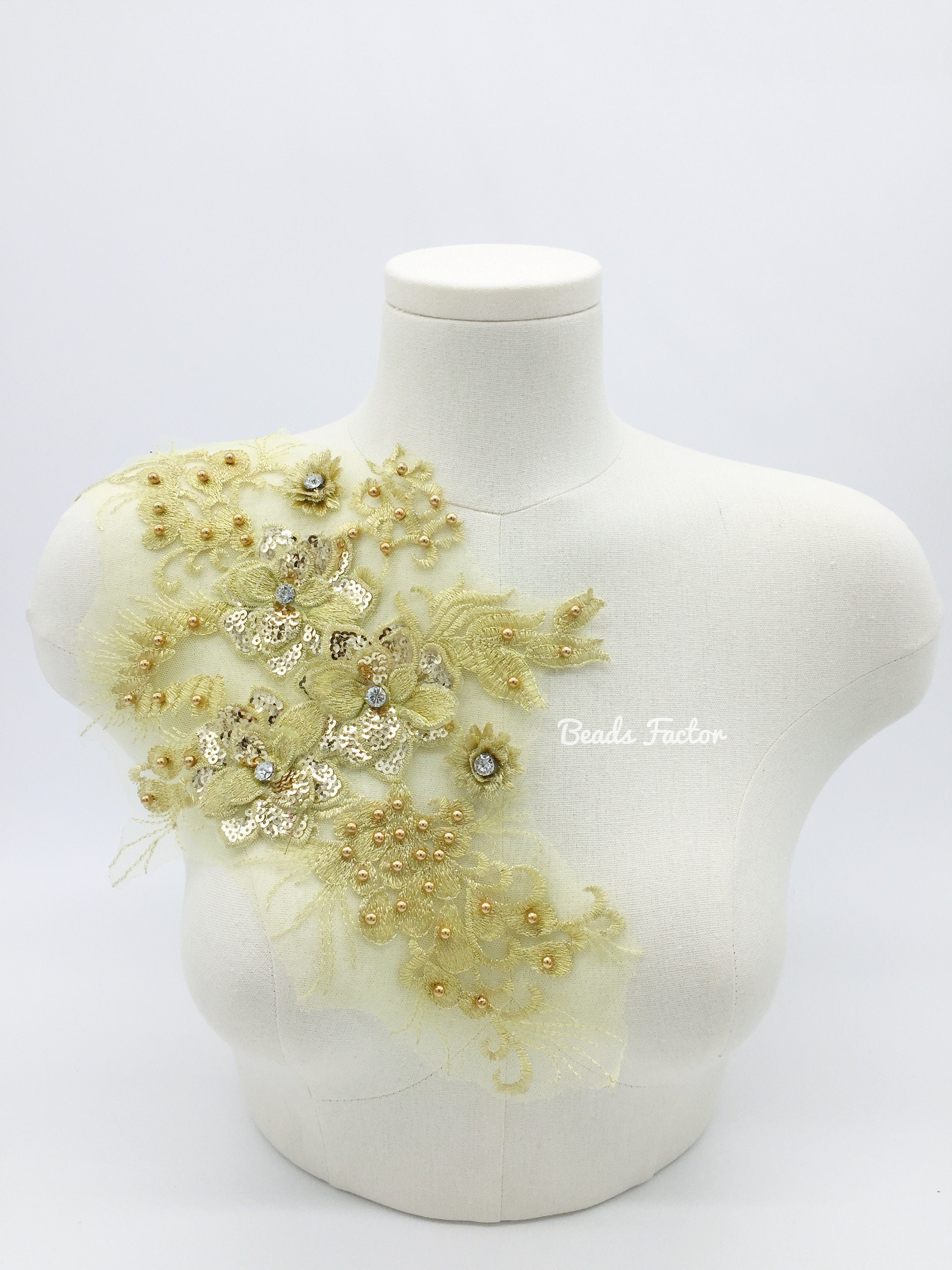 Gold Floral Lace Bodice Applique, 37x23cm Gold Embroidery Lace Patch