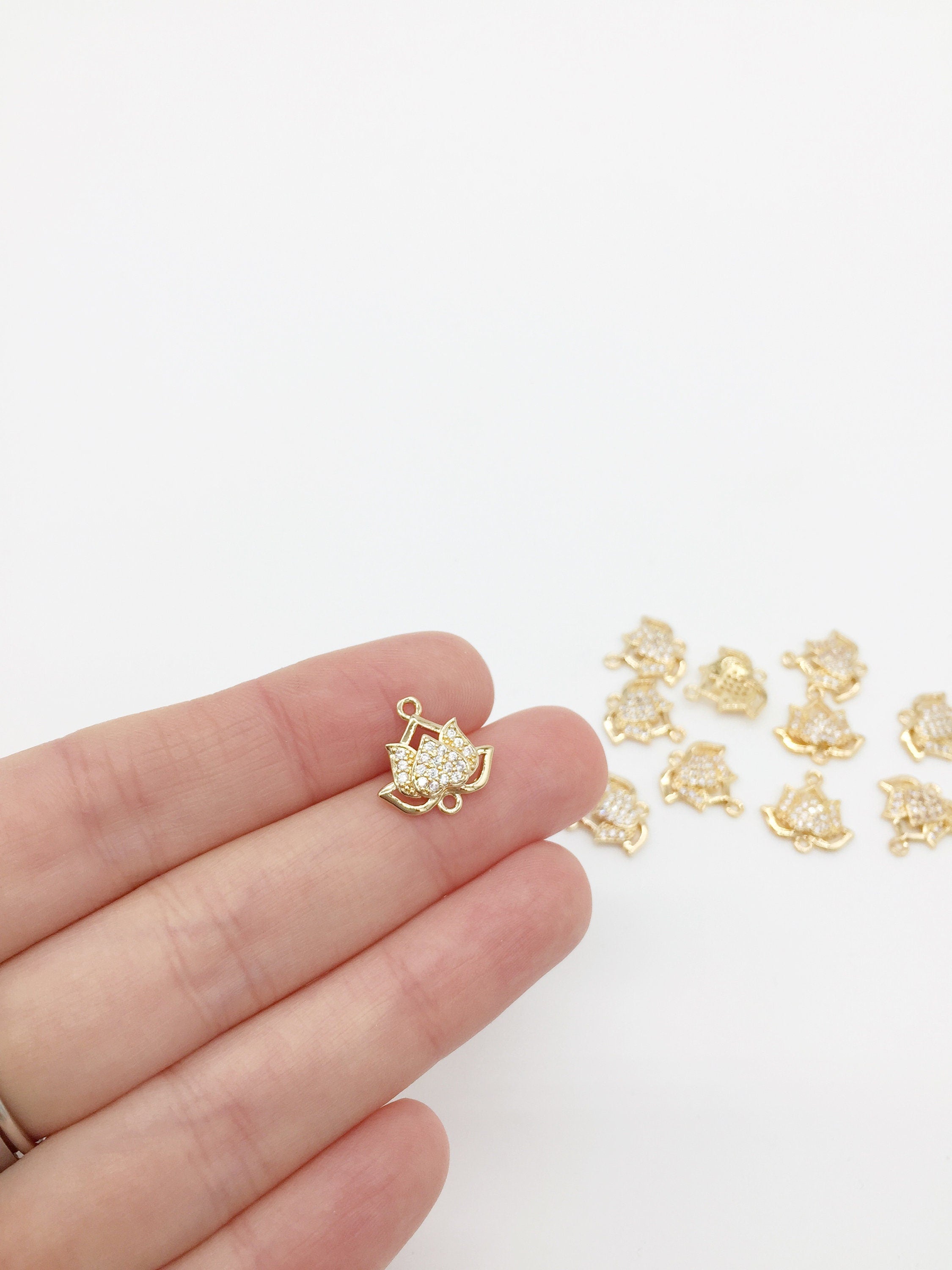 1 x 24K Gold Plated Lotus Link with Cubic Zirconia, 14x14mm (1561)