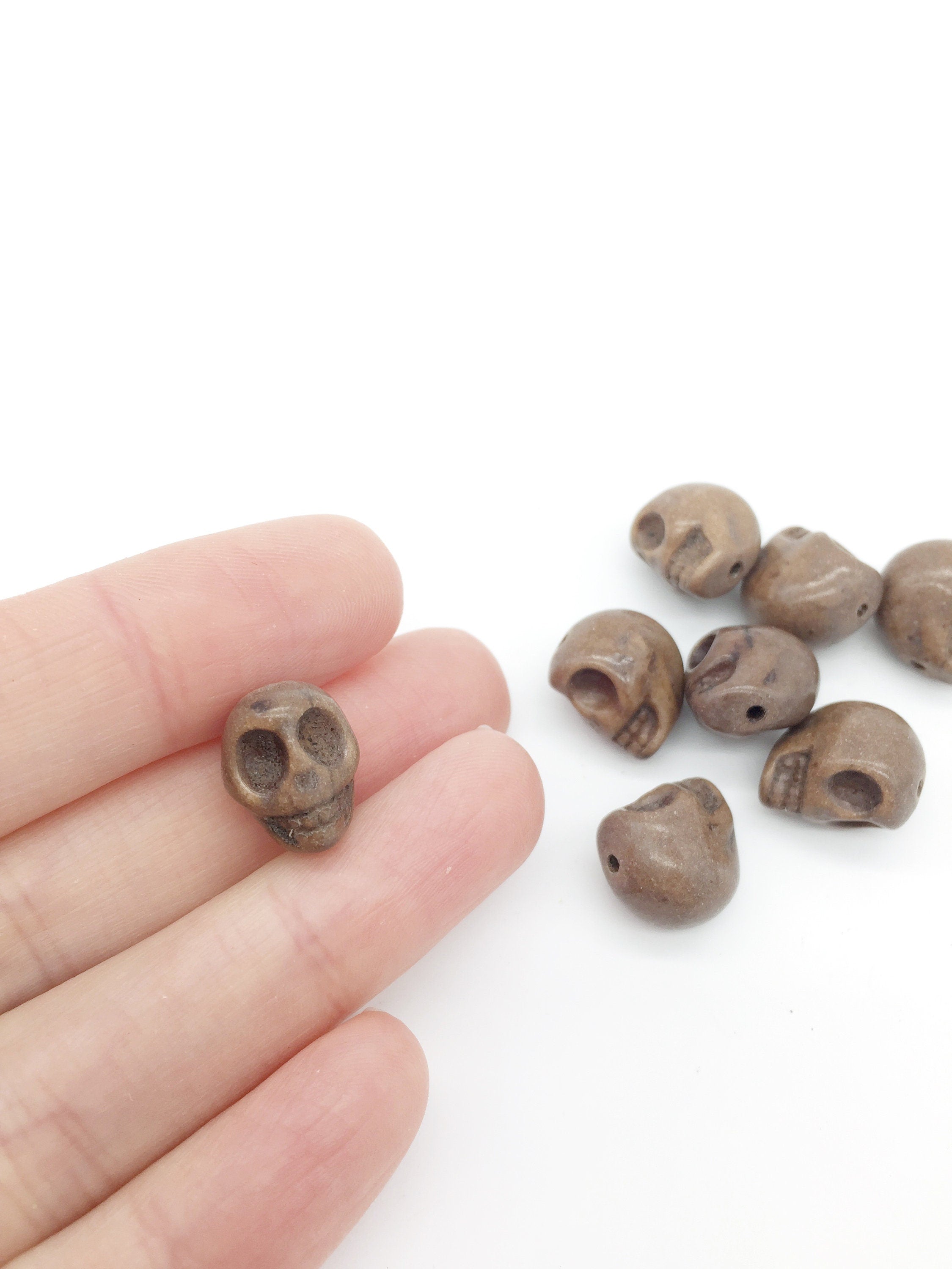 8 x Brown Stone Skull Beads, 14x11.5mm Vertically Drilled Skull Beads