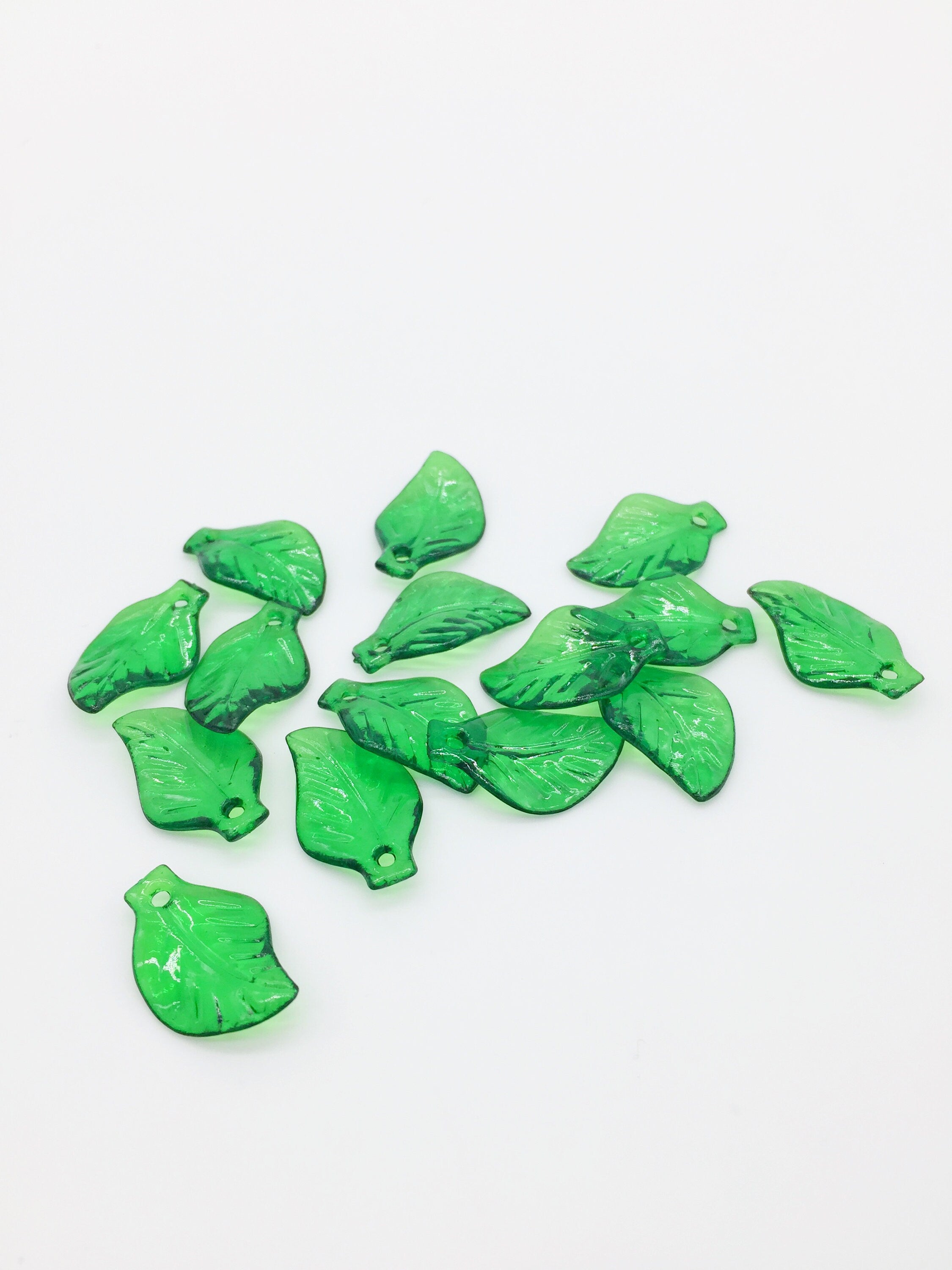 60 x Bottle Green Acrylic Leaf Charms, 13x19.5mm