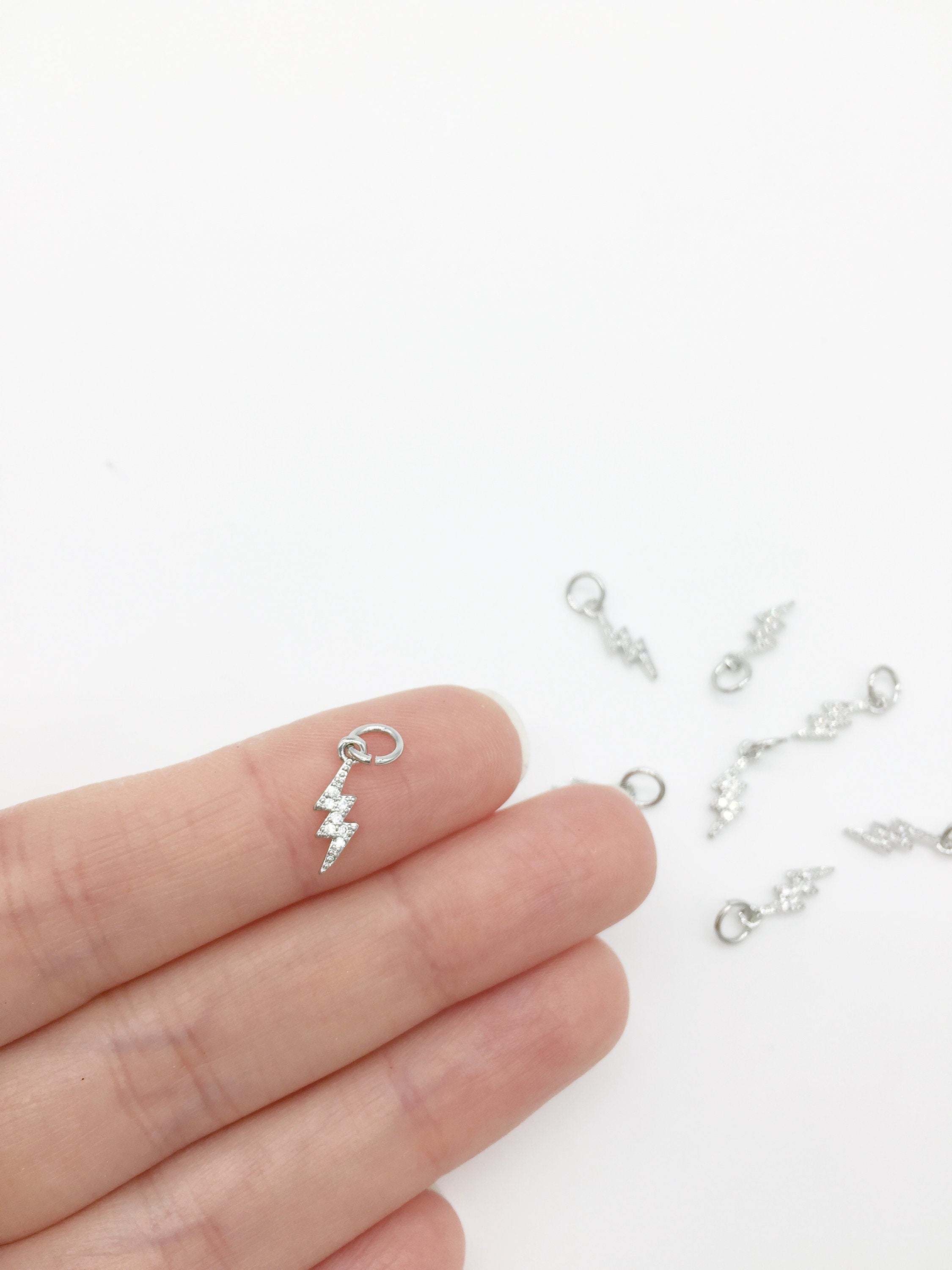 CZ Rhodium Lightning Bolt Charms, 12x4.5mm (1605)
