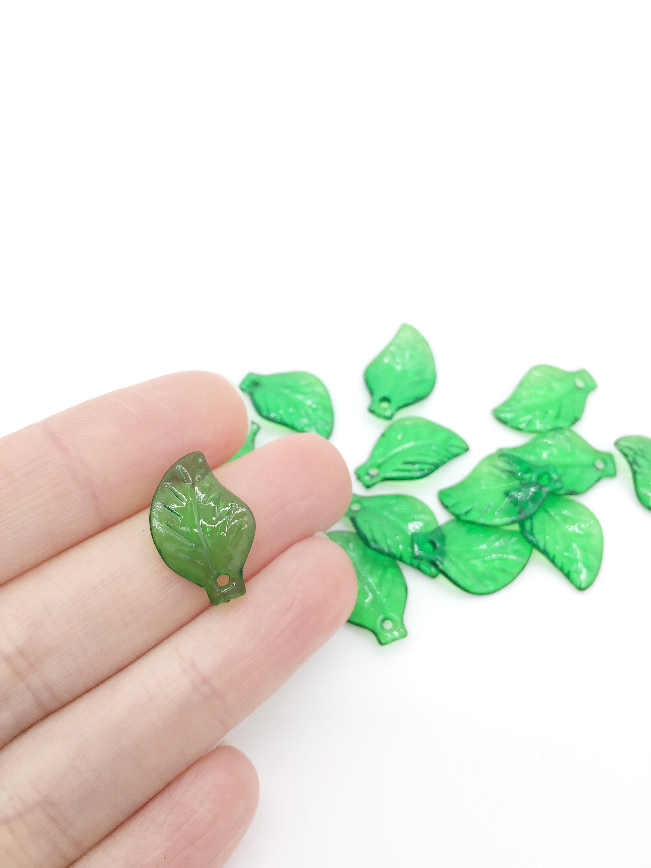60 x Bottle Green Acrylic Leaf Charms, 13x19.5mm