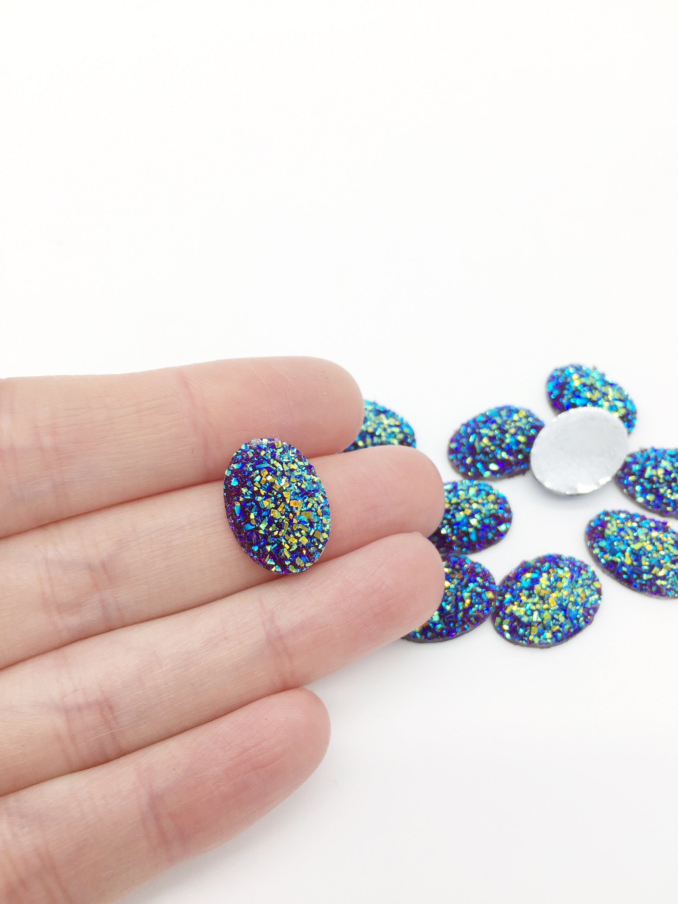 20 x Oval Resin Druzy Cabochons, 18x13mm Iridescent Blue Flatback Embellishment (2266)