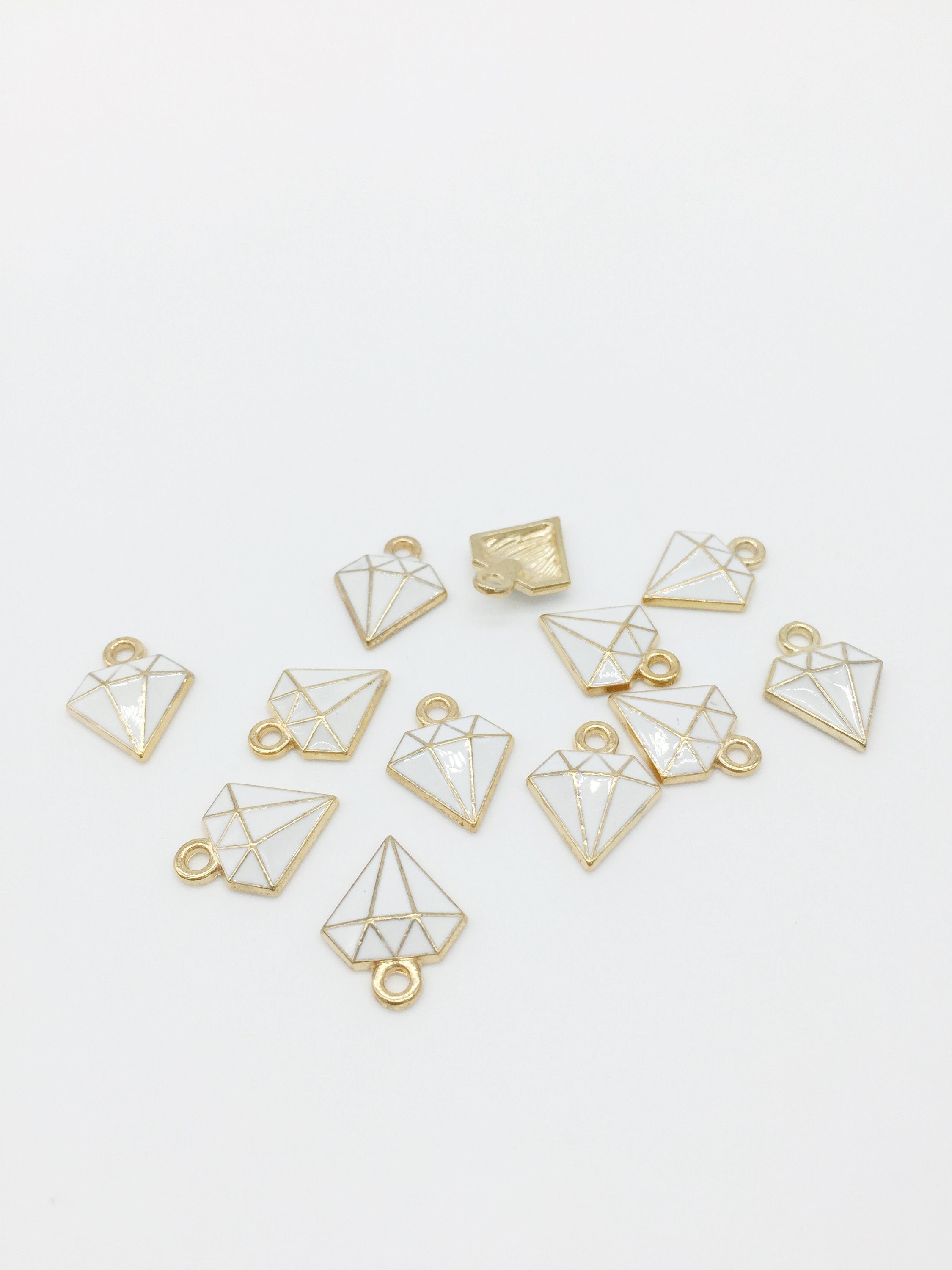 10 x Gold Tone White Enamel Diamond Charms, 15x11mm (1393)