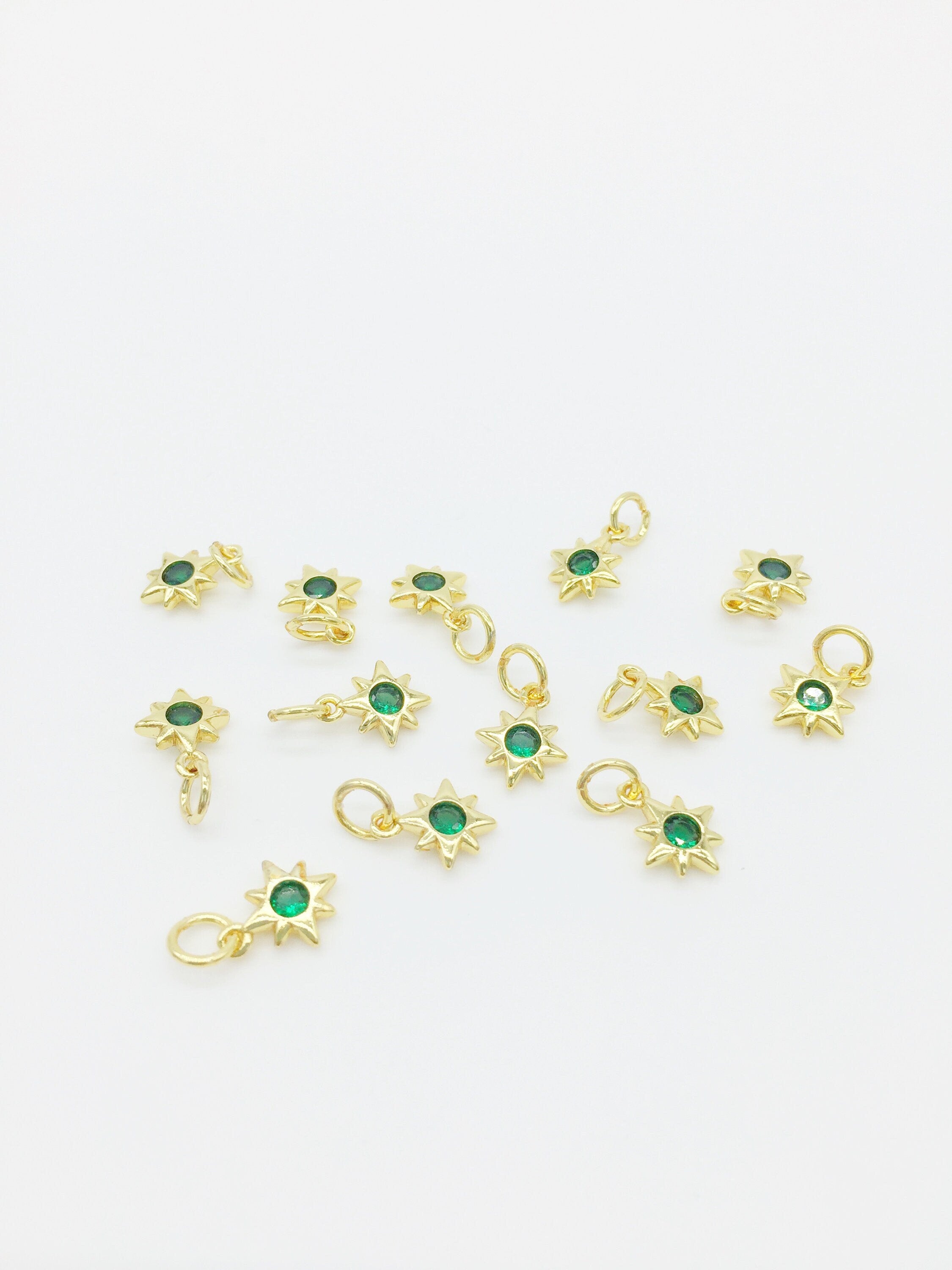 2 x 18K Gold Plated Tiny Emerald Green CZ Star Charms, 10x8mm (2153)