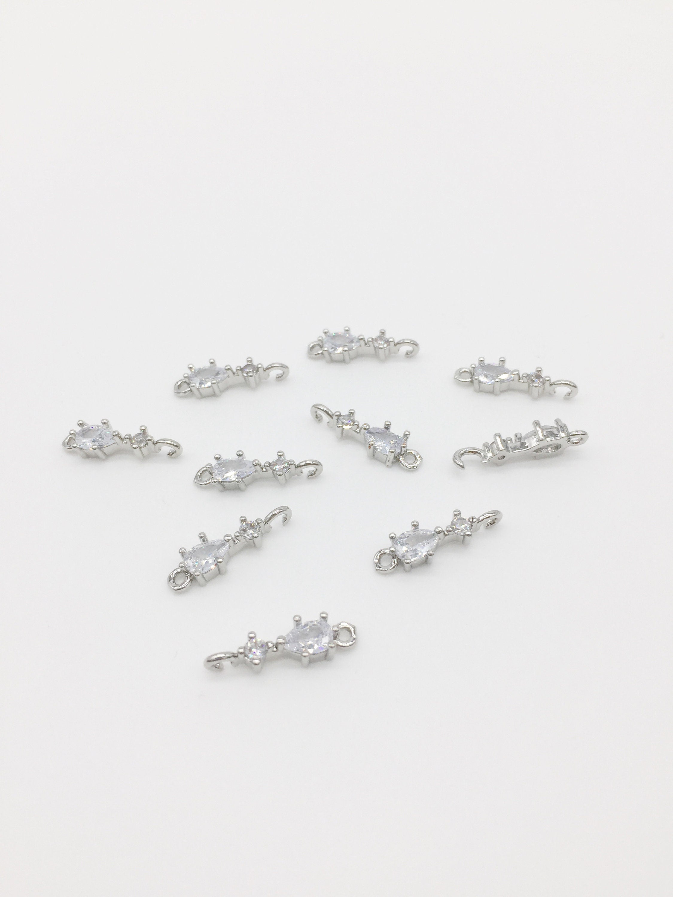 2 x Cubic Zirconia Rhodium Plated Earring Connectors, 17.5x5mm (1593)