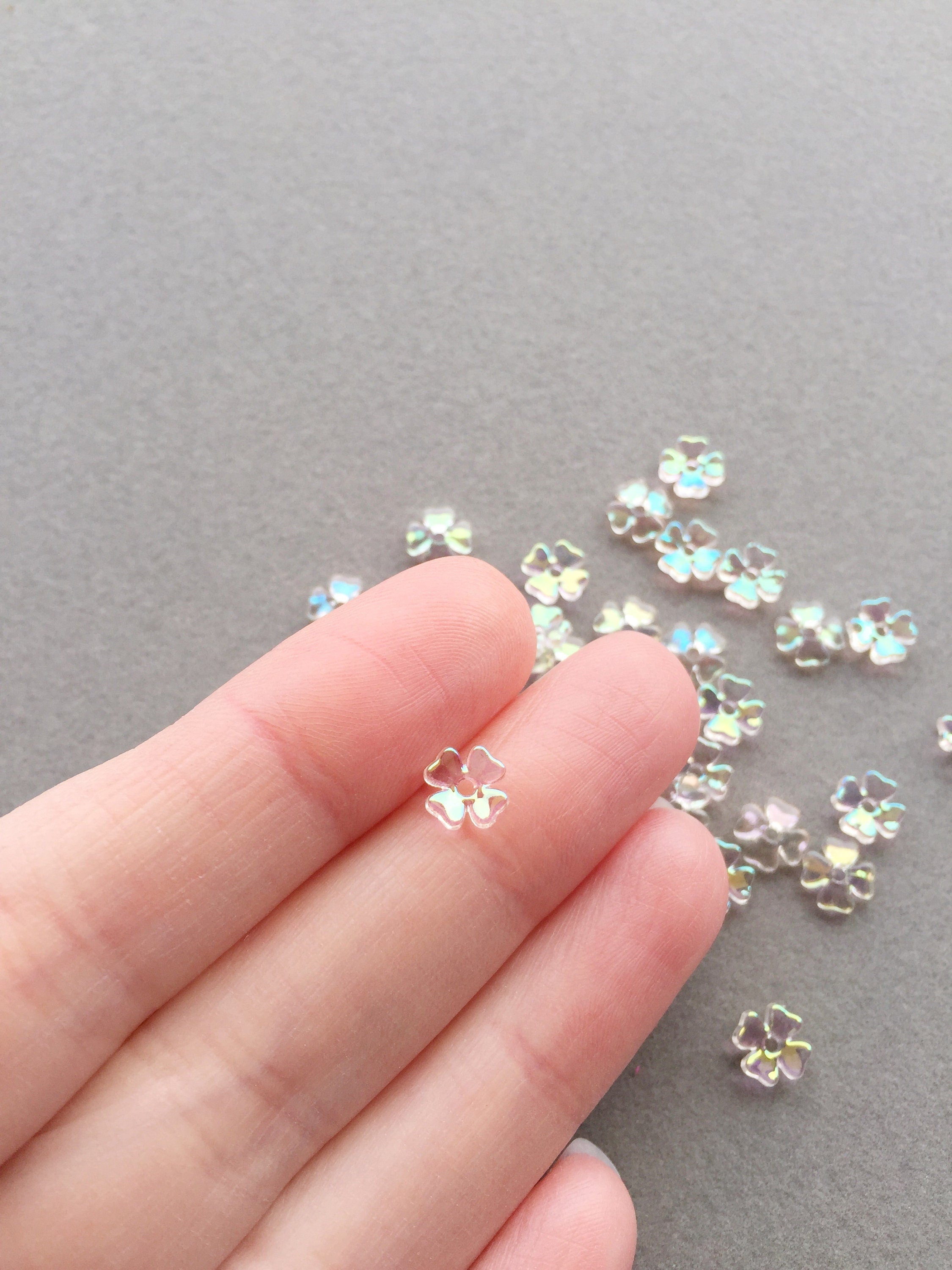 50 x Tiny AB Coated Translucent Flower Beads, 6.5mm (3677)