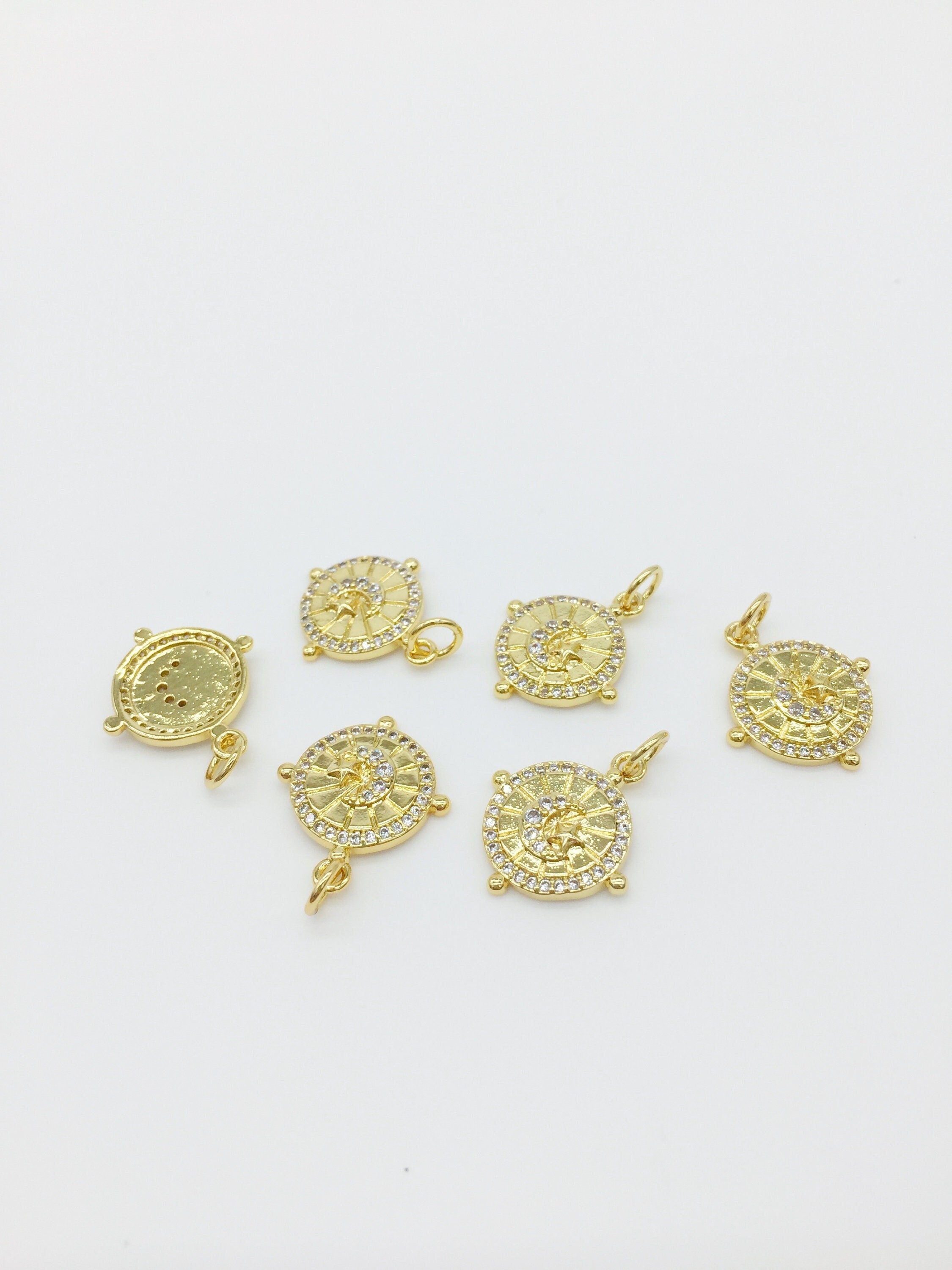 1 x 18K Gold Plated Cubic Zirconia Coin Moon and Star Charm, 18x15.5mm (2876)
