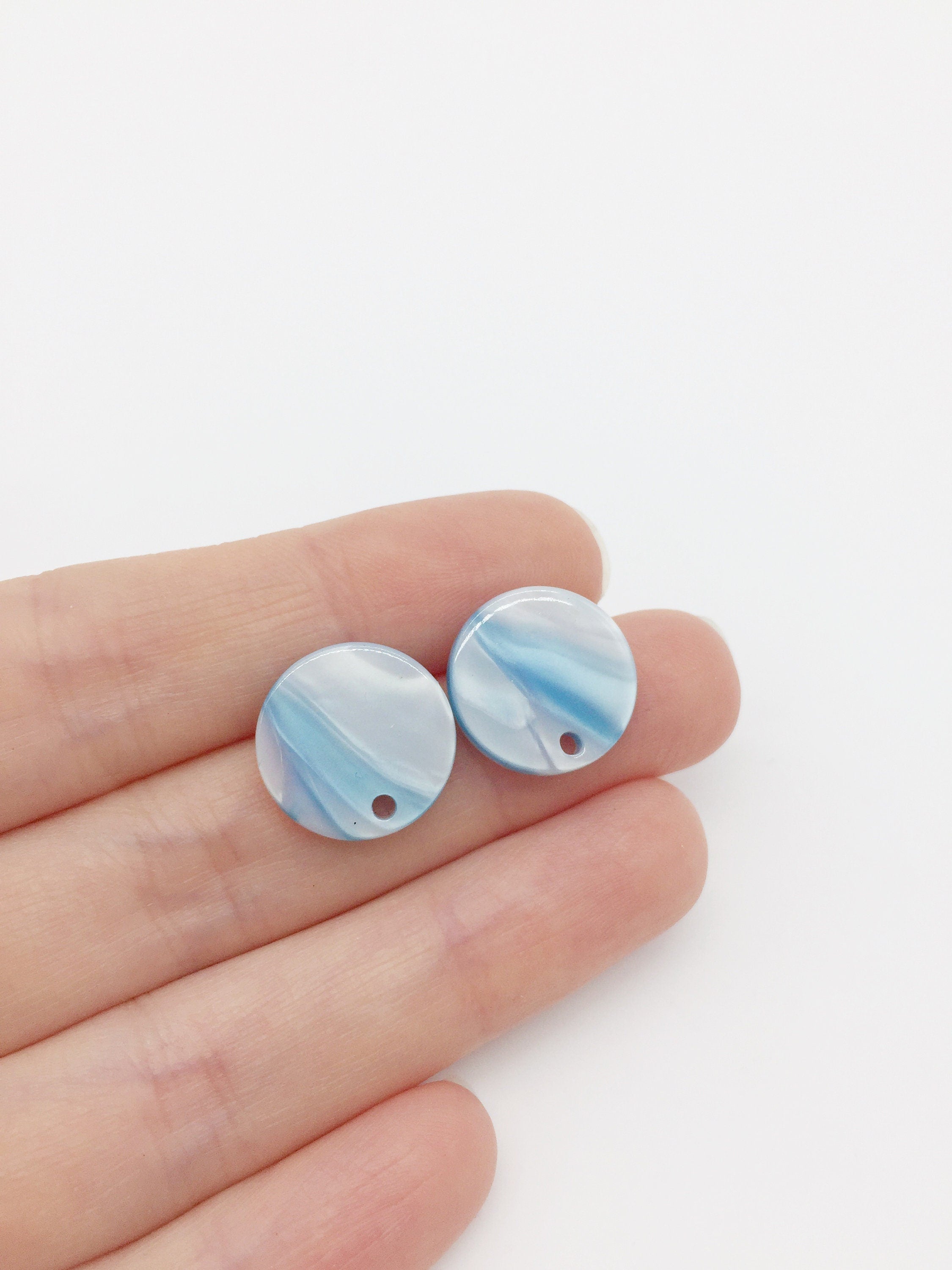 1 pair x Round Resin Earring Studs, Pearl Blue Marble Effect Geometric Earring Posts