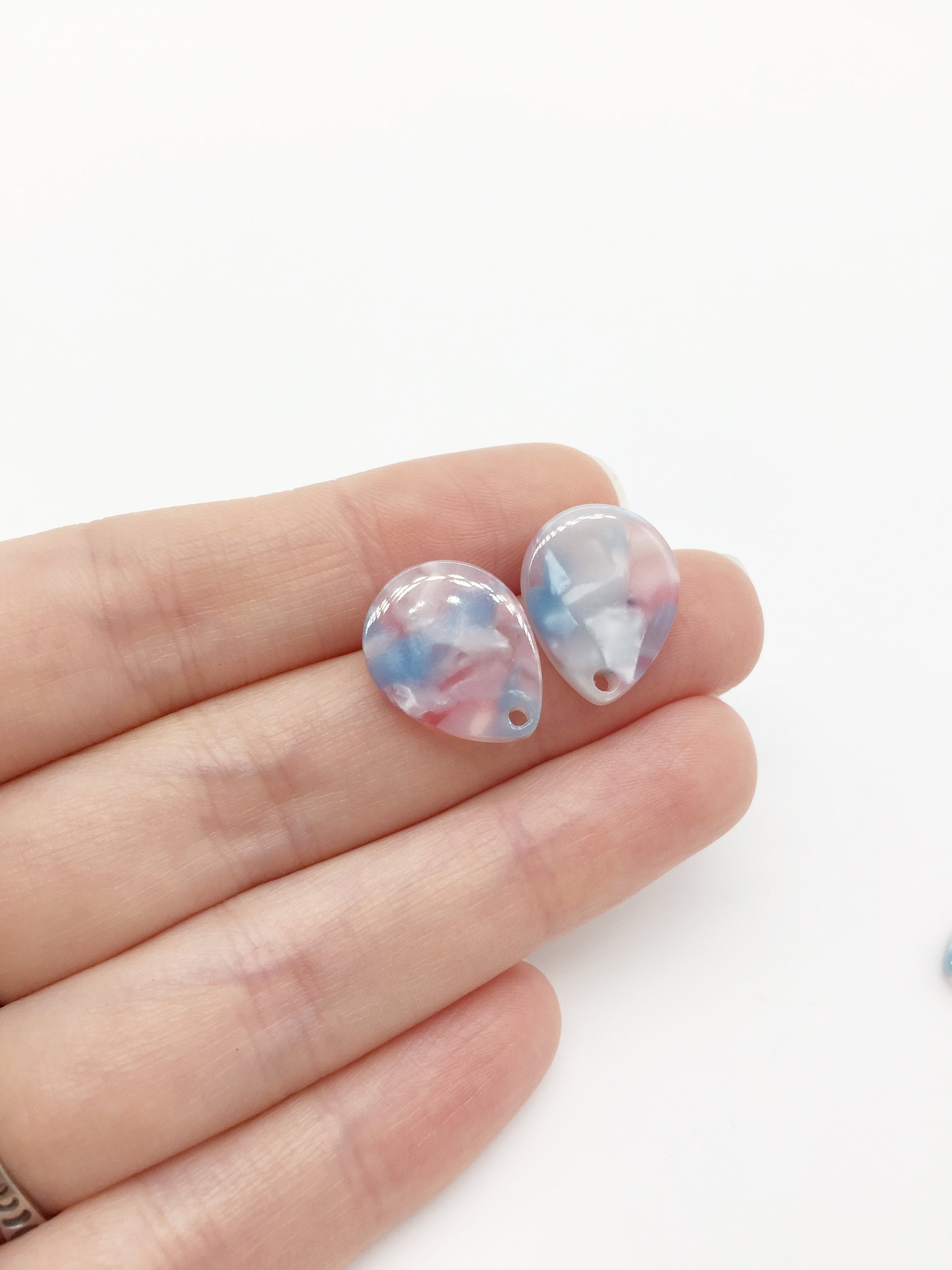 1 pair x Resin Teardrop Earring Studs, Pink and Blue Marble Effect Geometric Earring Posts
