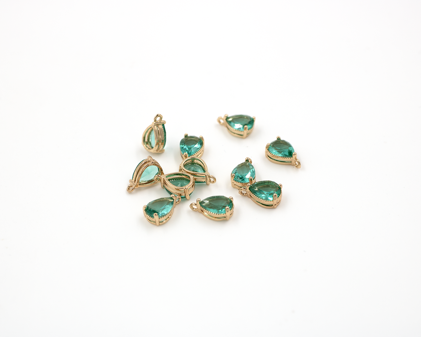 2 x 14K Gold Plated Green Faceted Glass Teardrop Pendants, 11x6mm (1377)