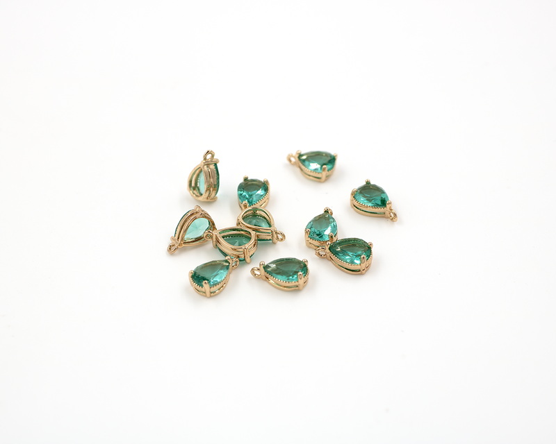 2 x 14K Gold Plated Green Faceted Glass Teardrop Pendants, 11x6mm (1377)