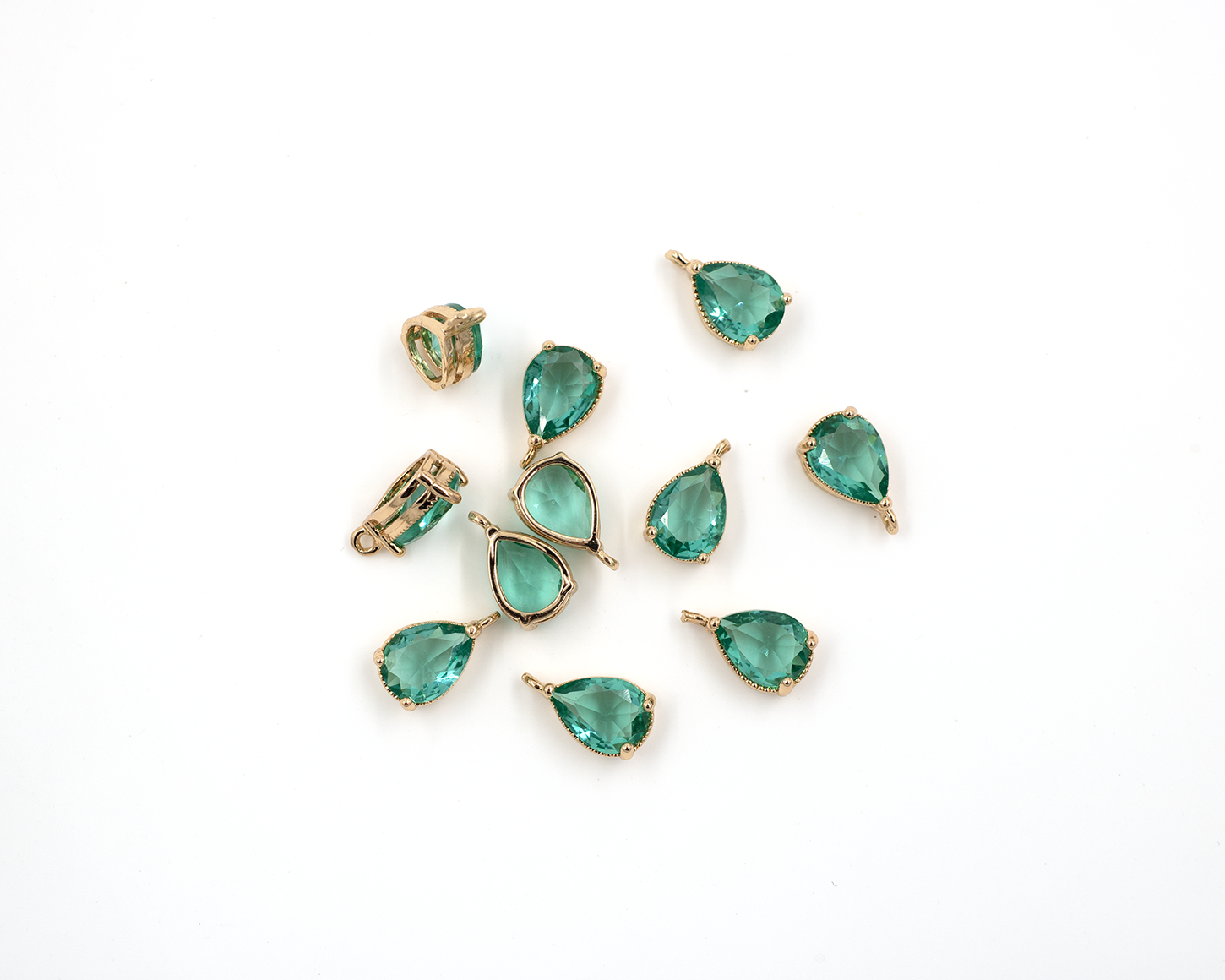 2 x 14K Gold Plated Green Faceted Glass Teardrop Pendants, 11x6mm (1377)