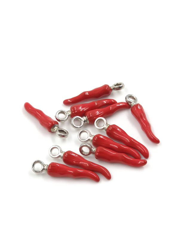 4 x Enamelled Red Chilli Pepper Charms with Silver Loops, 21x4mm