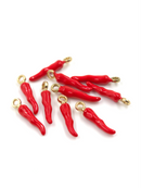 4 x Enamelled Red Chilli Pepper Charms with Gold Loops, 21x4mm (0072G)