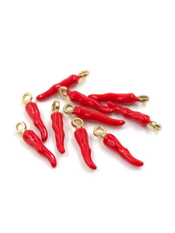 4 x Enamelled Red Chilli Pepper Charms with Gold Loops, 21x4mm