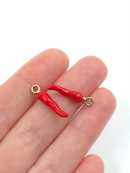 4 x Enamelled Red Chilli Pepper Charms with Gold Loops, 21x4mm (0072G)