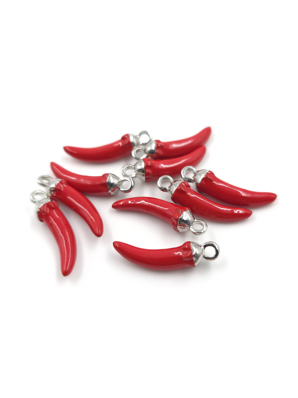 4 x Enamelled Red Chilli Pepper Charms with Silver Loops, 20x5mm