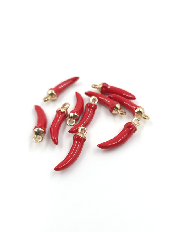 4 x Enamelled Red Chilli Pepper Charms with Gold Plated Loops, 20x5mm