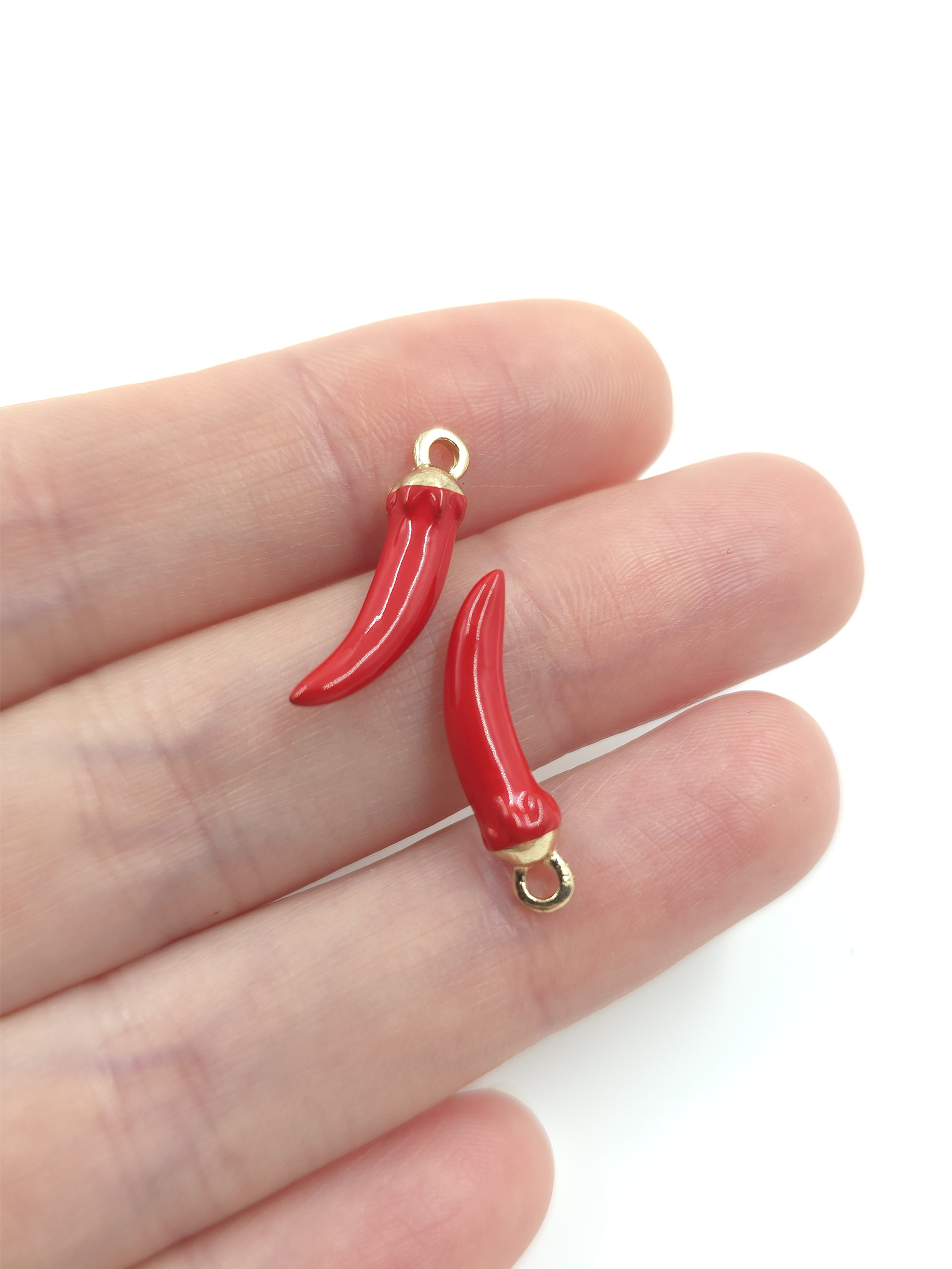 4 x Enamelled Red Chilli Pepper Charms with Gold Plated Loops, 20x5mm
