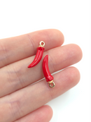 4 x Enamelled Red Chilli Pepper Charms with Gold Plated Loops, 20x5mm