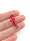 4 x Enamelled Red Chilli Pepper Charms with Silver Loops, 20x5mm