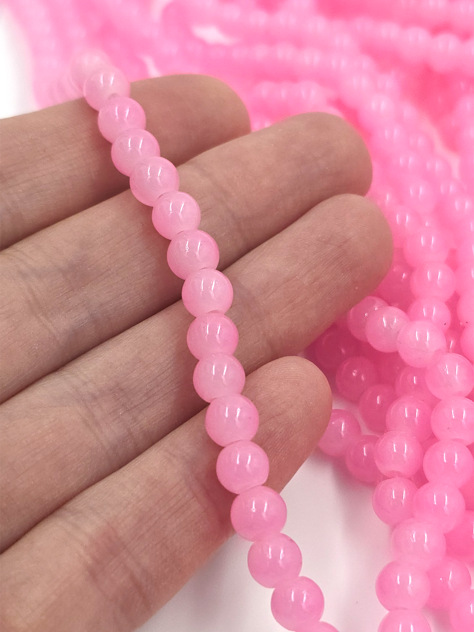 1 strand x Bright Pink Jade Imitation Round Glass Beads, 6.5mm