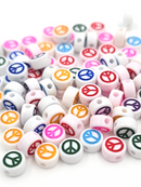 100 x Opaque White Flat Round Acrylic Beads with Colourful Peace Pattern, 7x4mm