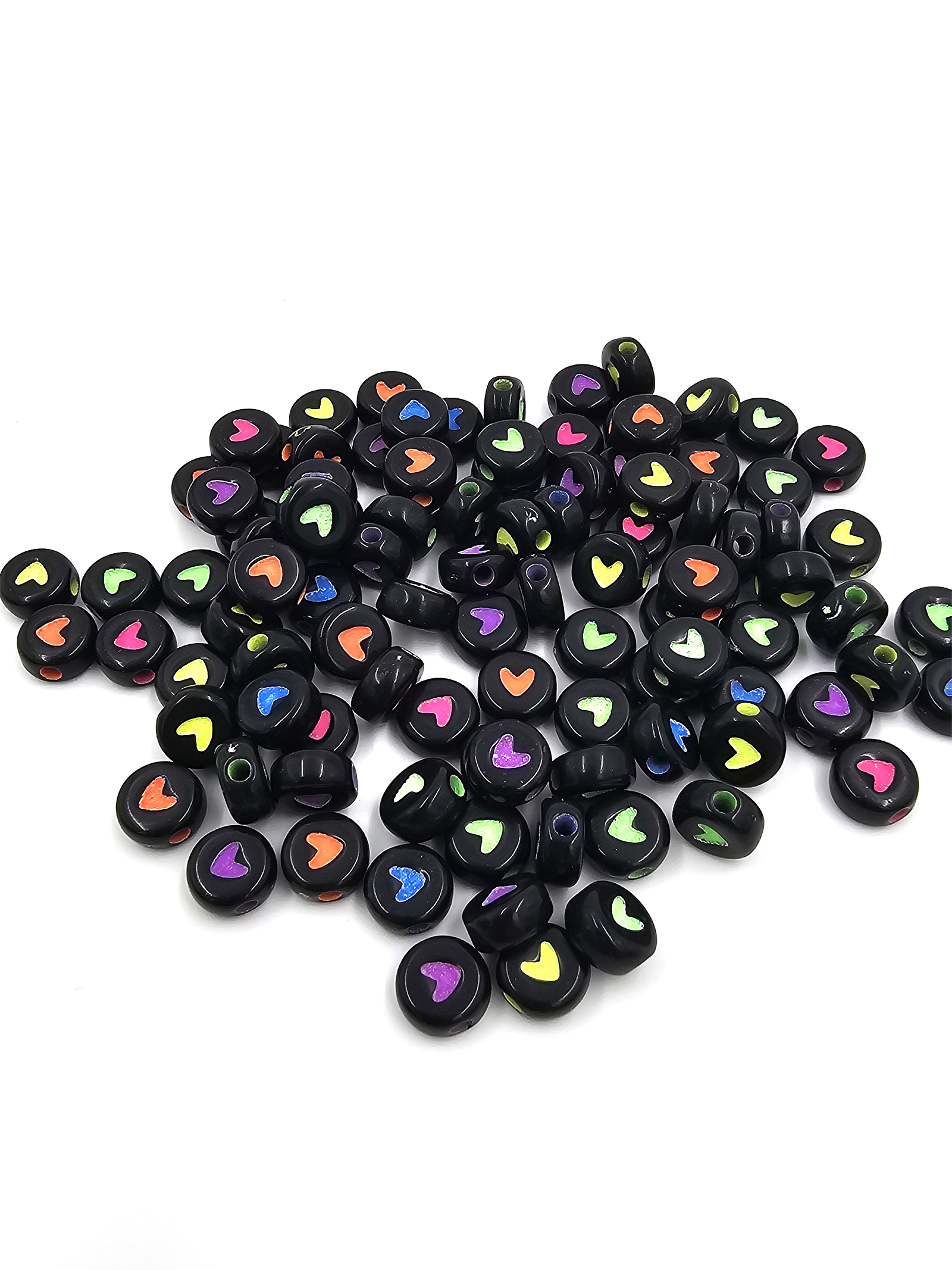 100 x Opaque Black Flat Round Acrylic Beads with Neon Heart Pattern, 7x4mm