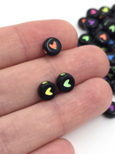 100 x Opaque Black Flat Round Acrylic Beads with Neon Heart Pattern, 7x4mm