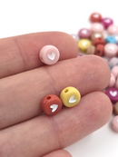 100 x Pastel Shades Flat Round Acrylic Beads with Heart Pattern, 7x4mm