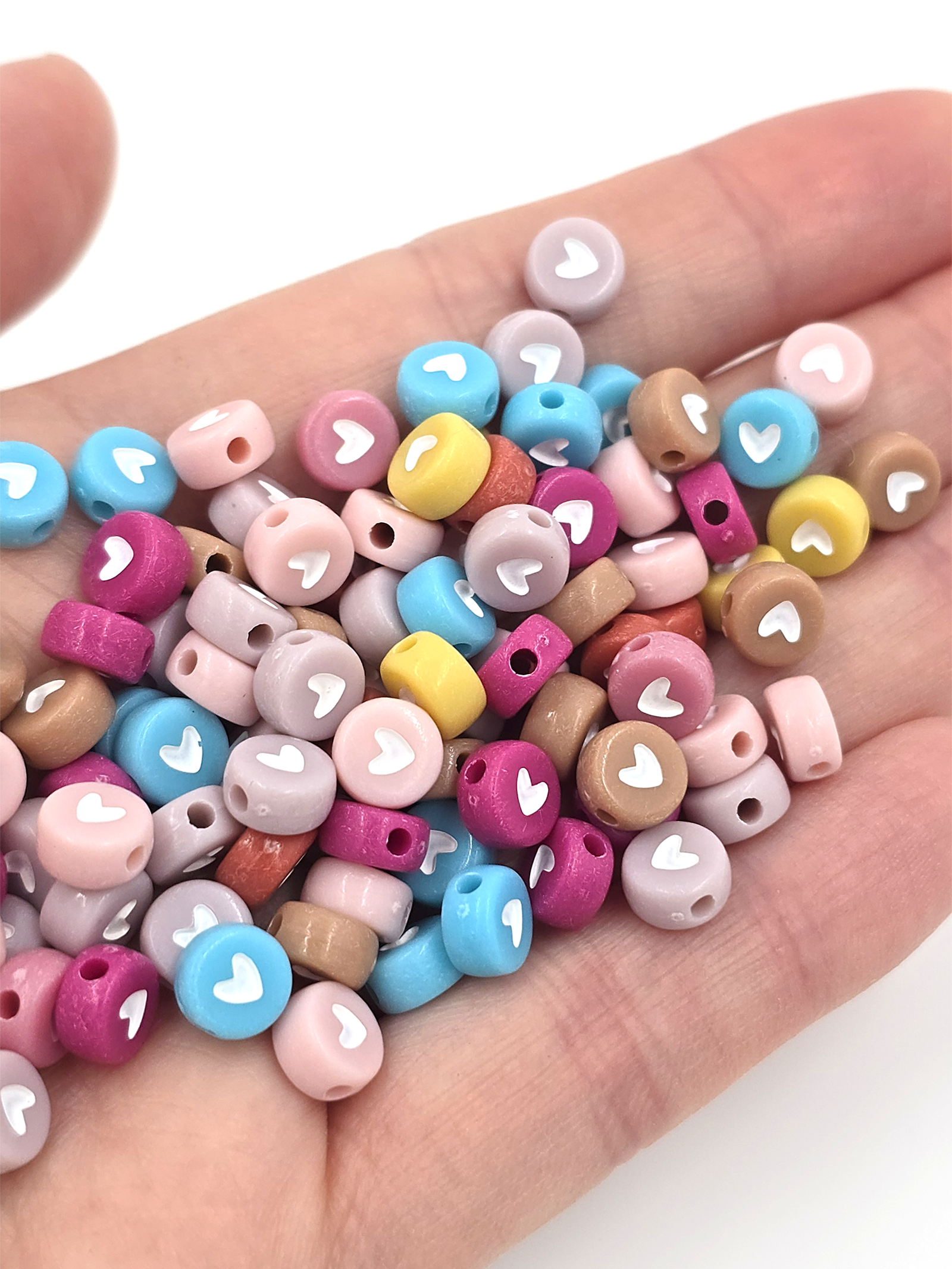 100 x Pastel Shades Flat Round Acrylic Beads with Heart Pattern, 7x4mm