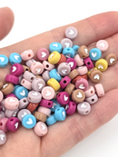 100 x Pastel Shades Flat Round Acrylic Beads with Heart Pattern, 7x4mm