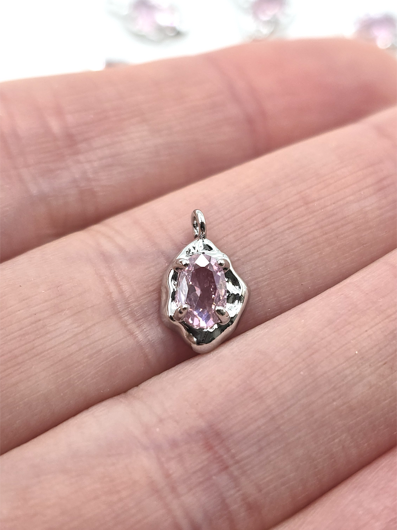 2 x Silver Organic Shaped Pink Cubic Zirconia Teardrop Charms, 12.5x7.5mm