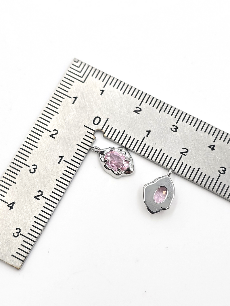 2 x Silver Organic Shaped Pink Cubic Zirconia Teardrop Charms, 12.5x7.5mm