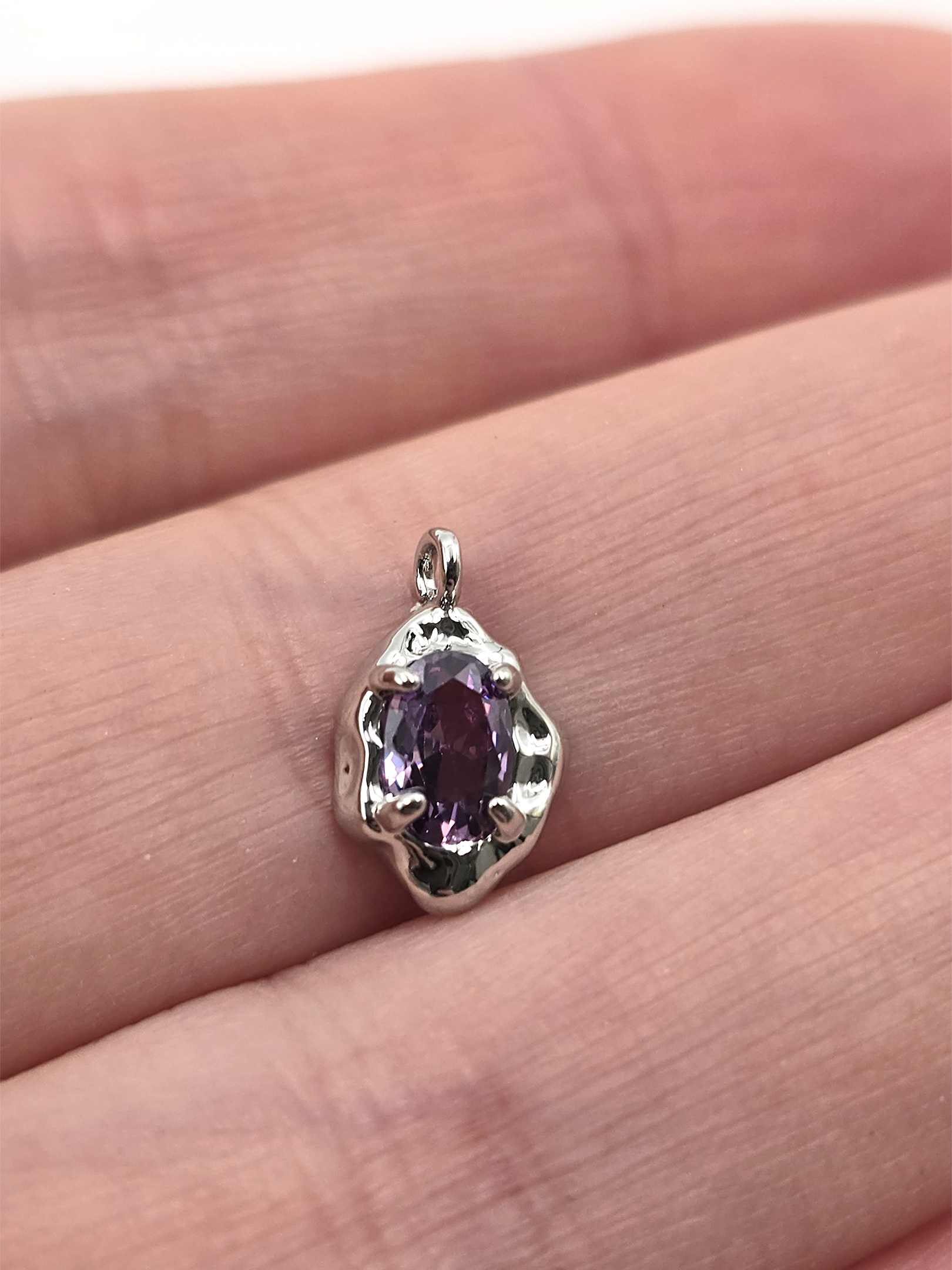 2 x Silver Organic Shaped Purple Cubic Zirconia Teardrop Charms, 12.5x7.5mm