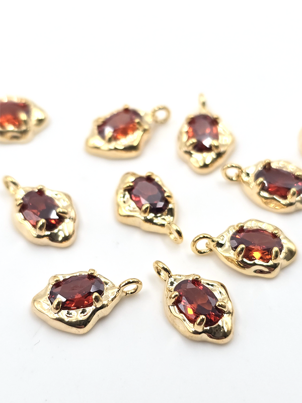2 x Gold Organic Shaped Amber Cubic Zirconia Teardrop Charms, 12.5x7.5mm