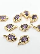 2 x Gold Organic Shaped Purple Cubic Zirconia Teardrop Charms, 12.5x7.5mm