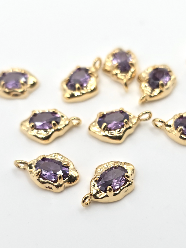 2 x Gold Organic Shaped Purple Cubic Zirconia Teardrop Charms, 12.5x7.5mm