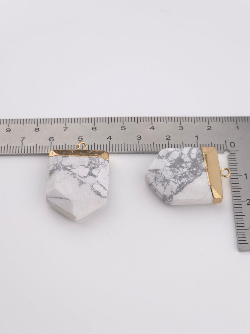 1 x Natural Howlite Pendant, Large Howlite Electroplated Pendant, Pentagon Gemstone Pendant in Gold Tone Setting (3964)