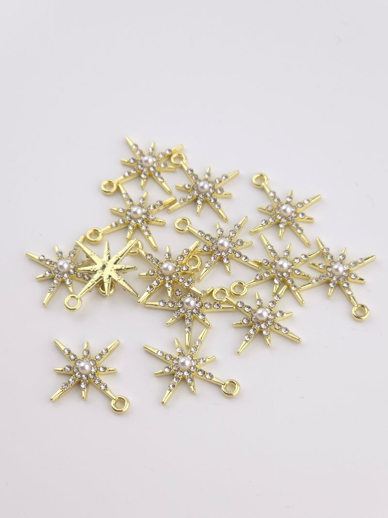 2 x Gold Tone Crystal and Pearl Star Charms, 21x18mm (3966)