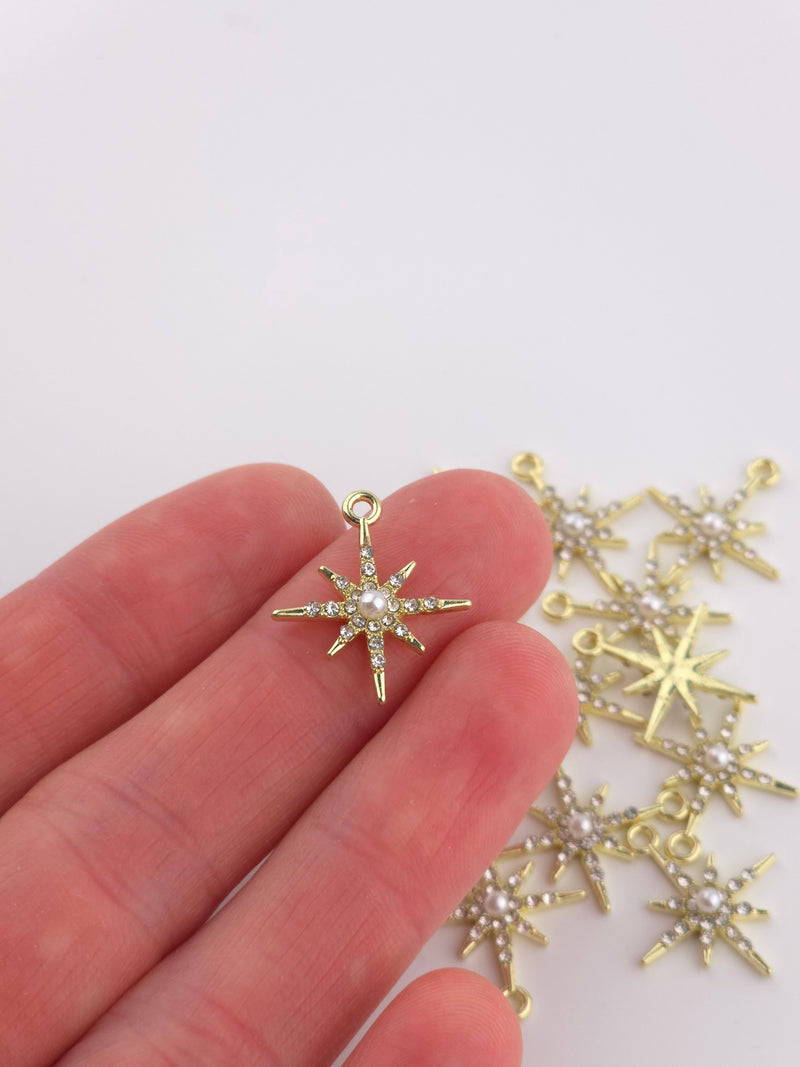 2 x Gold Tone Crystal and Pearl Star Charms, 21x18mm (3966)