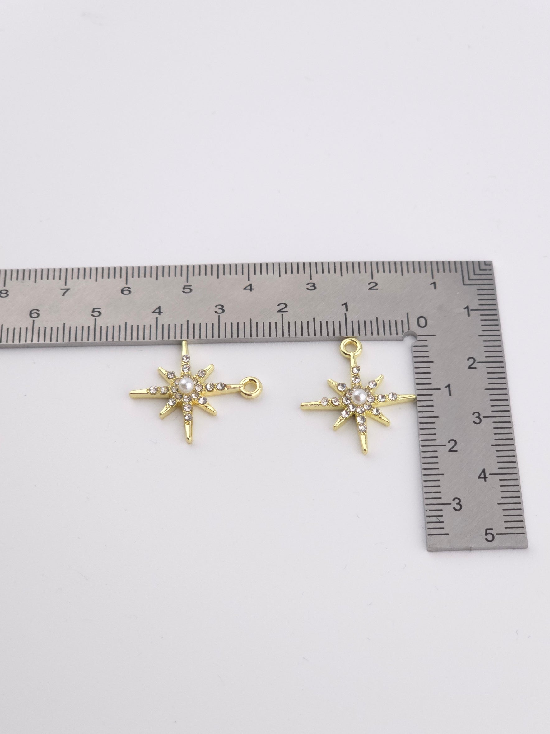 2 x Gold Tone Crystal and Pearl Star Charms, 21x18mm
