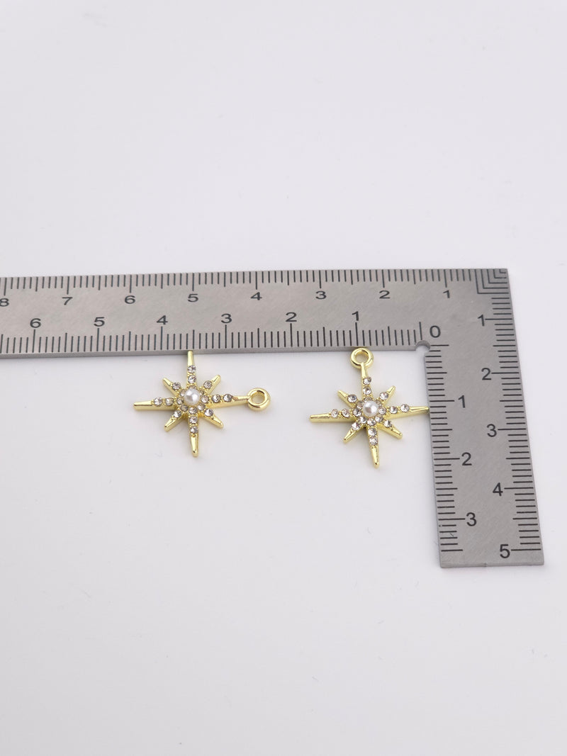 2 x Gold Tone Crystal and Pearl Star Charms, 21x18mm (3966)