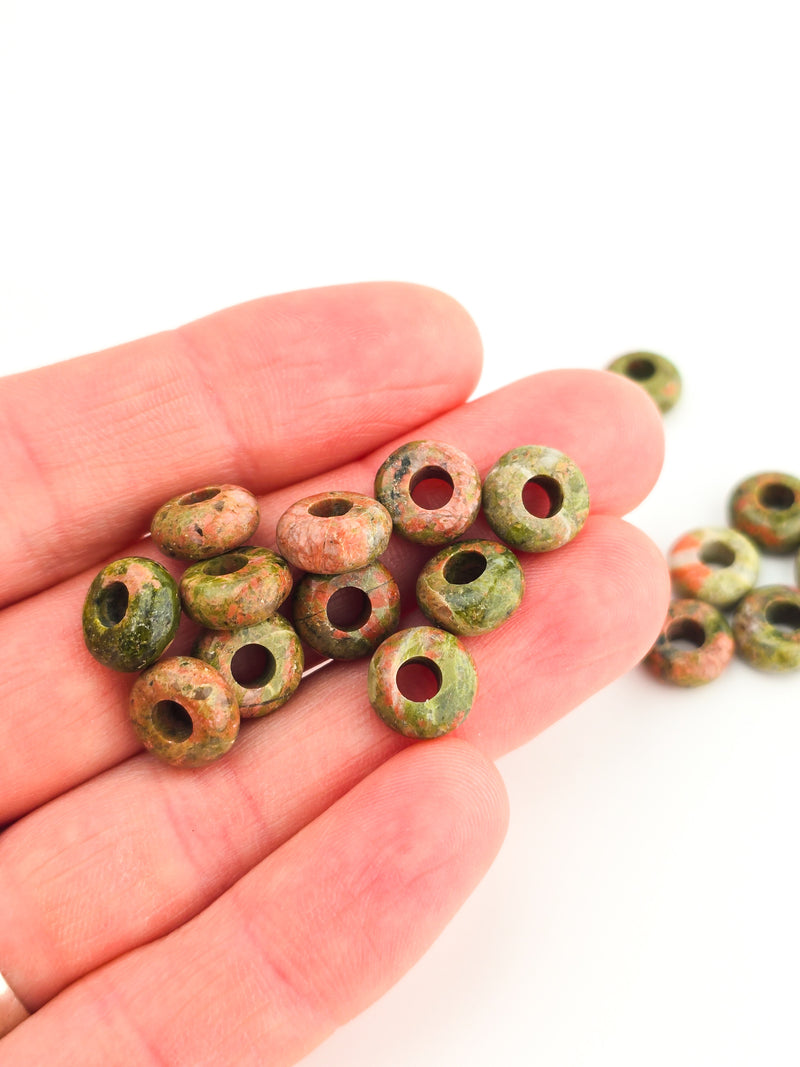 2 x Unakite Gemstone Donut Shaped Beads, 10mm (3991A)