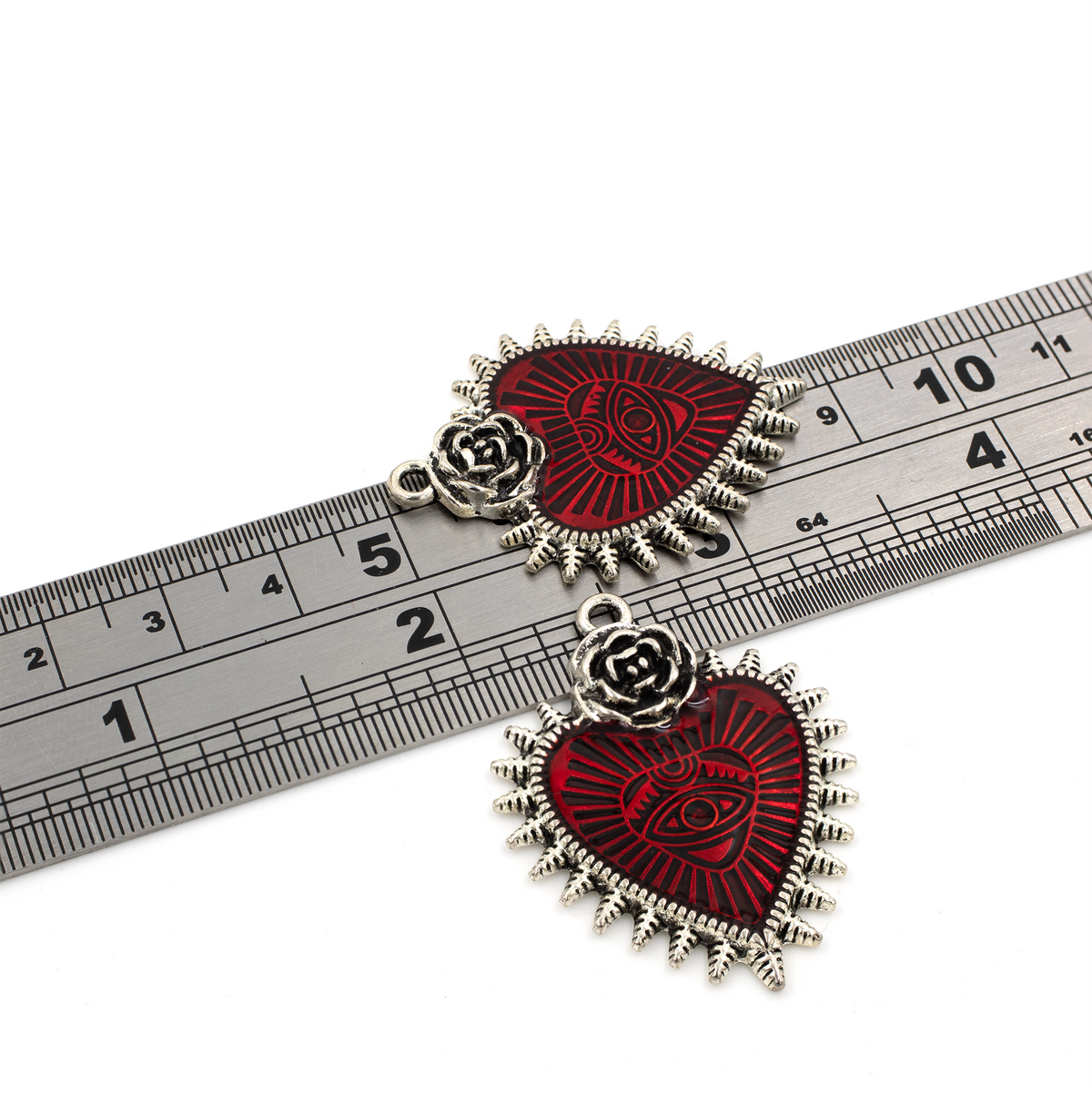 2 x Antique Silver Spiked Heart Pendants, 38x29mm
