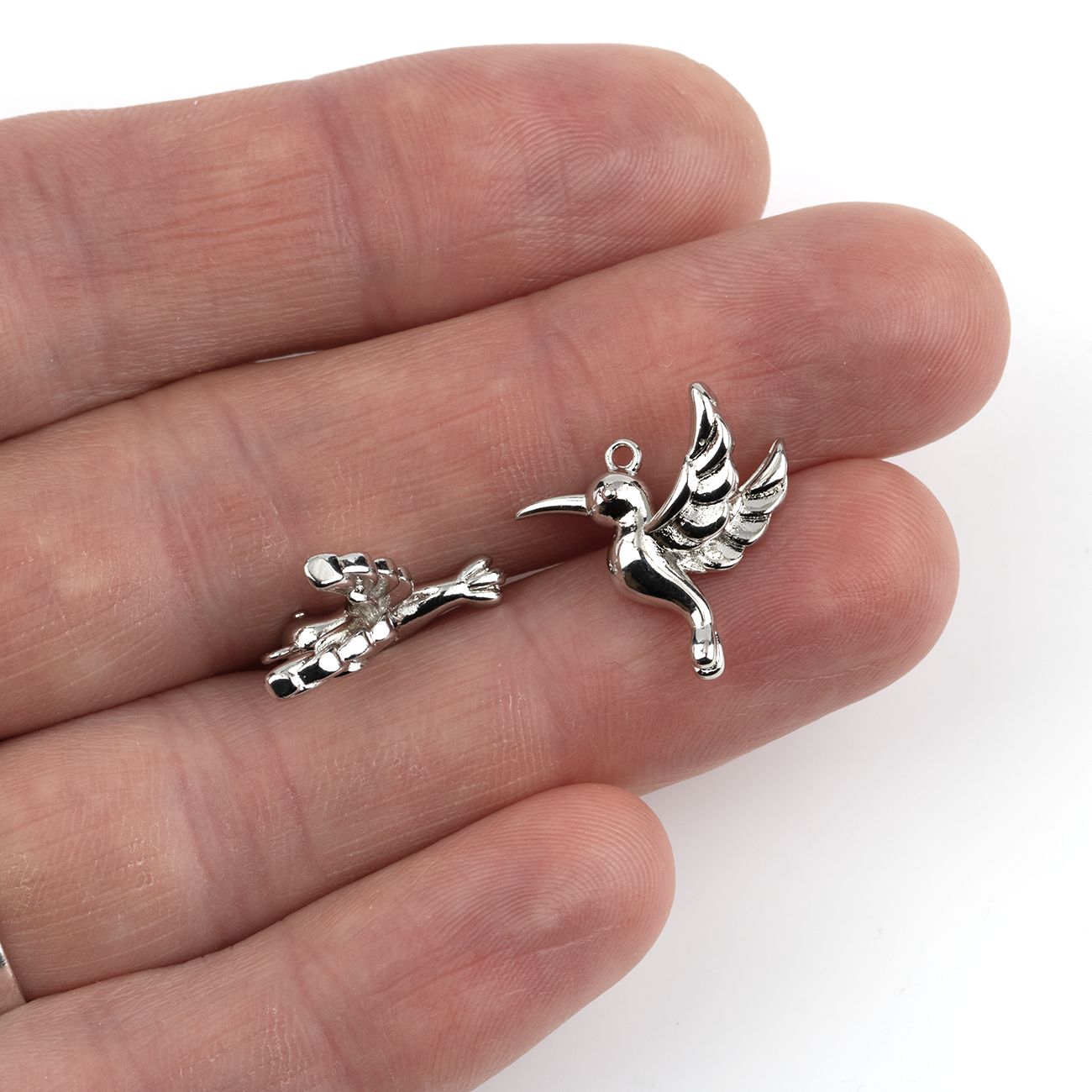 2 x Silver 3D Hummingbird Charms, 18x17mm
